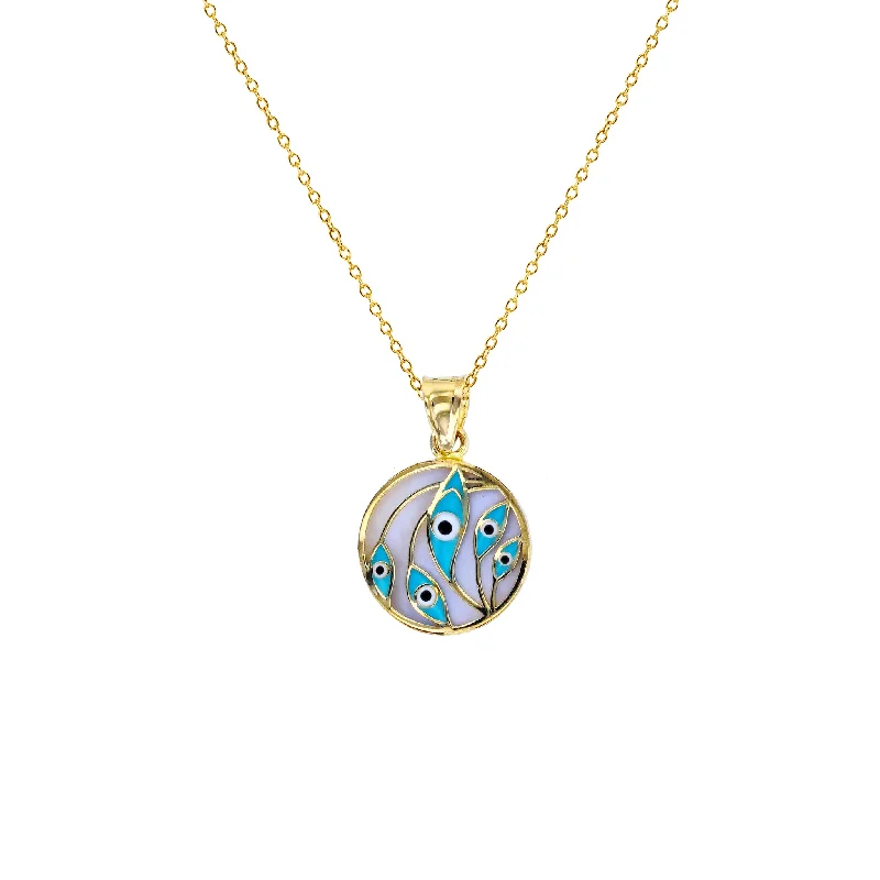 Elegant Gold Necklace with Gemstone Pendant-Enameled-Evil Eye Leaves Medallion Fancy Necklace (14K)