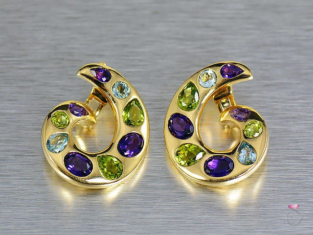 Colorful Boho Earrings-Chanel MultiGem Aquamarine Amethyst Peridot Curl 18K Earrings