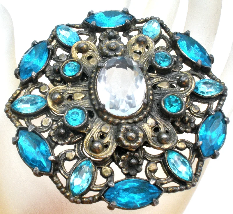 Luxury Brooch Pins-Large Blue Rhinestone Brooch Vintage