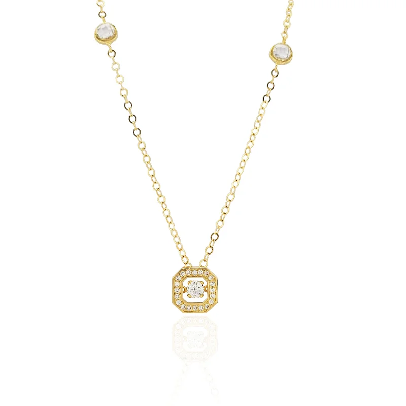 Luxury Necklace with Aquamarine Stone-Square Locket CZ Pendant Necklace (14K).