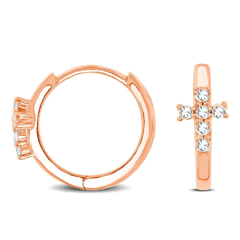 Dazzling Earrings for Parties-10K Rose Gold 1/8 Ctw Diamond Cross Hoop Earrings