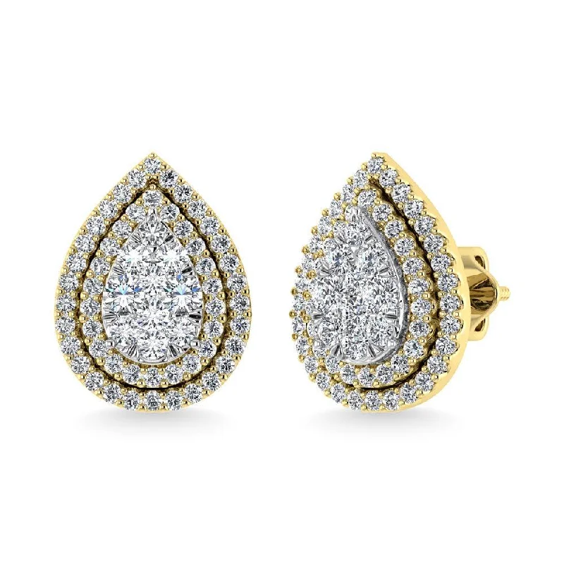 Gold-Plated Hoop Earrings-Diamond 7/8 Ct.Tw. Pear Shape Cluster Earrings in 10K Yellow Gold