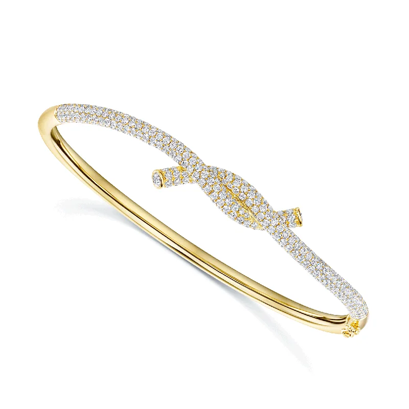 Simple Silver Bangles with Birthstone Charms-18ct Yellow Gold Diamond Knot Pave Set Bangle