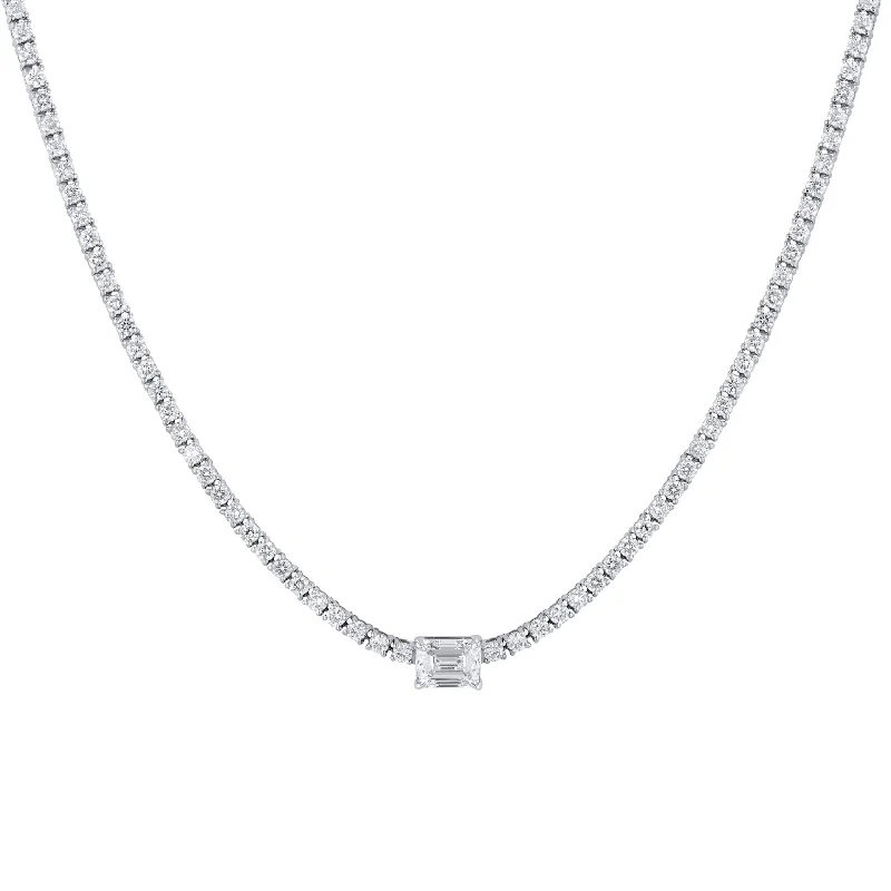 Custom Gold Name Necklace for Brides-Emerald Cut Center 18kt White Gold Diamond Tennis Necklace