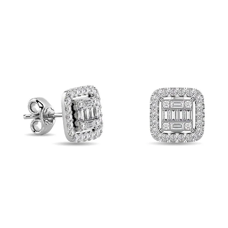 Classic Round Earrings for Women-Diamond 1/3 Ct.Tw. Round and Baguette Fashion Earrings in 14K White Gold