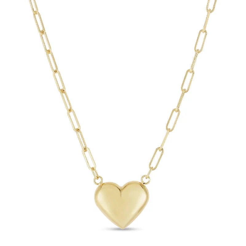 Classic Gold Necklace for Formal Wear-Puffed Heart Paperclip Necklace (14K)