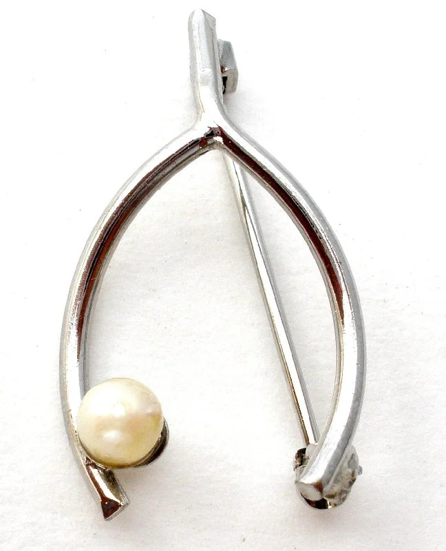 Traditional Brooch-WishBone Pearl Brooch Pin Sterling Silver