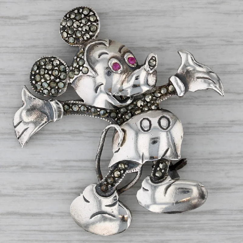 Brooch With Nature Inspired Design-Mickey Mouse Brooch Marcasite Lab Created Ruby Sterling Silver Disney Pin