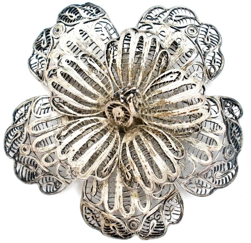 Abstract Brooch-Large Cannetille Flower Sterling Silver Brooch Vintage