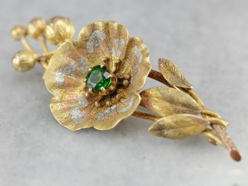 Designer Brooch Pins-Demantoid Garnet Floral Gold Brooch