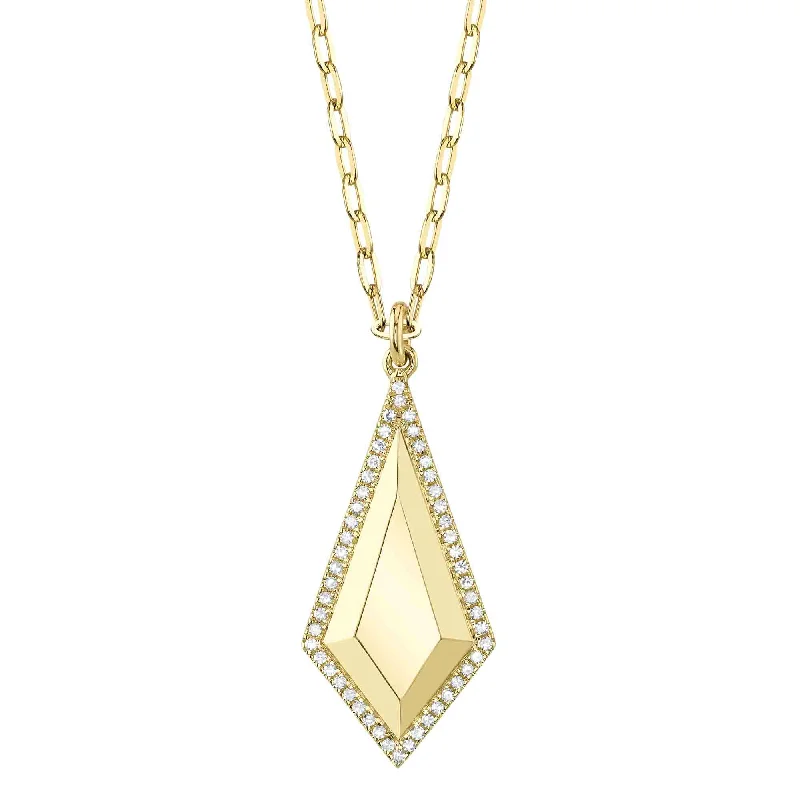 Simple Pendant Necklace for Bridesmaids-14kt Yellow Gold Geo Cut Drop on a Paperclip Link Necklace / 0.13ct TW Diamond Pave