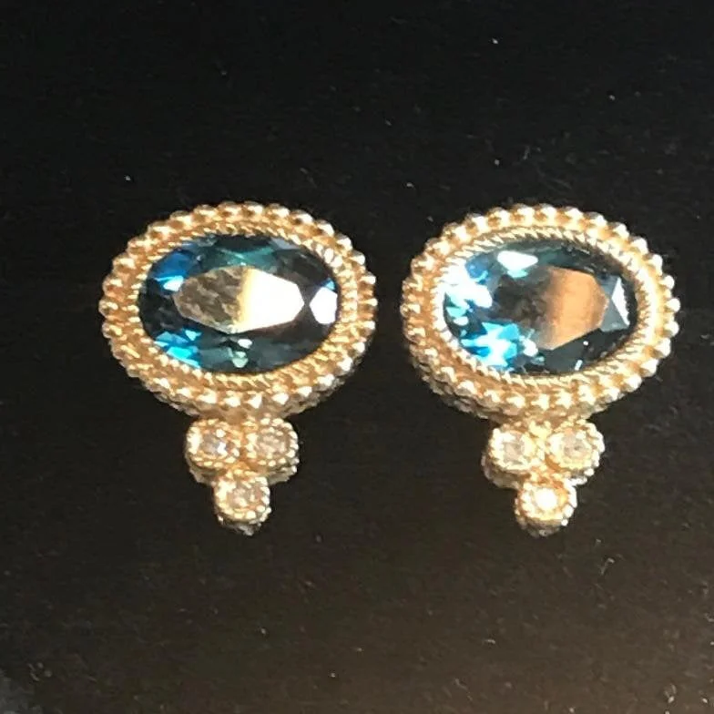 Simple Gold Drop Earrings-Oval Faceted Blue Topaz & Diamond Earrings