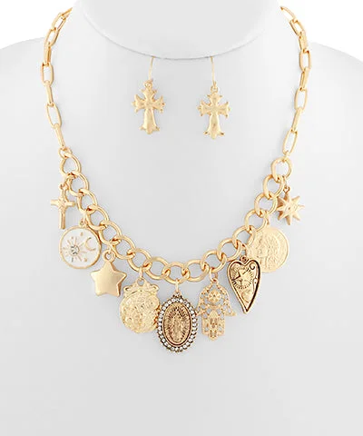 Fashionable Silver Necklace for Women-Cross & Multi Charm Necklace Set