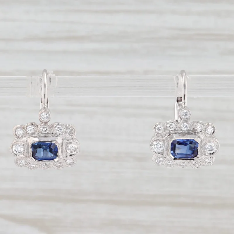 Art Deco Gold Earrings-New 1.4ctw Blue Sapphire Diamond Halo Earrings 18k White Gold Pierced Drops