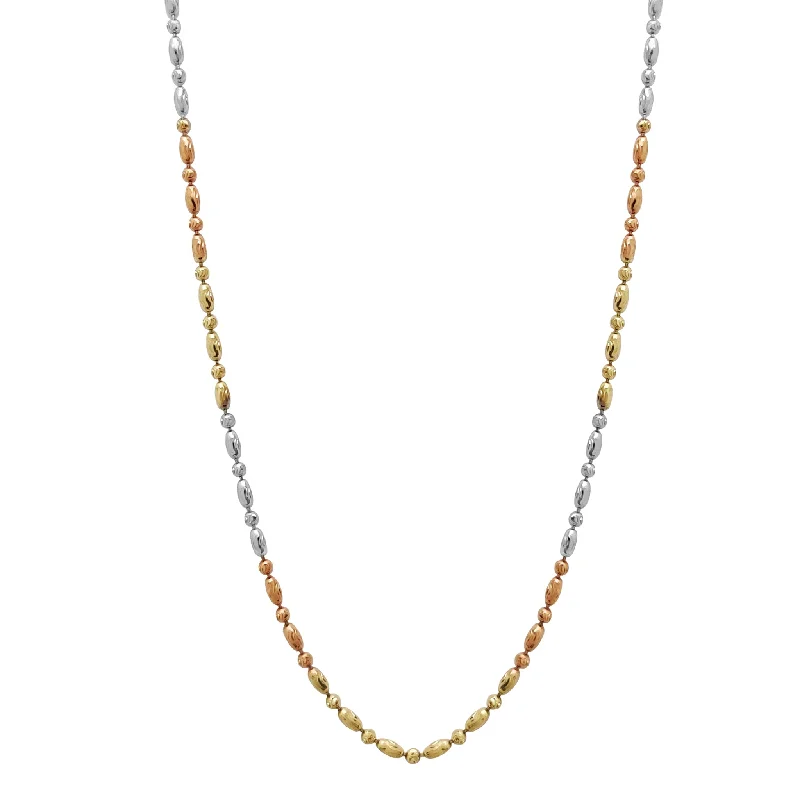 Long Silver Necklace with Diamond Pendant-Tri-Tone Rice Diamond Cut Chain (14K)