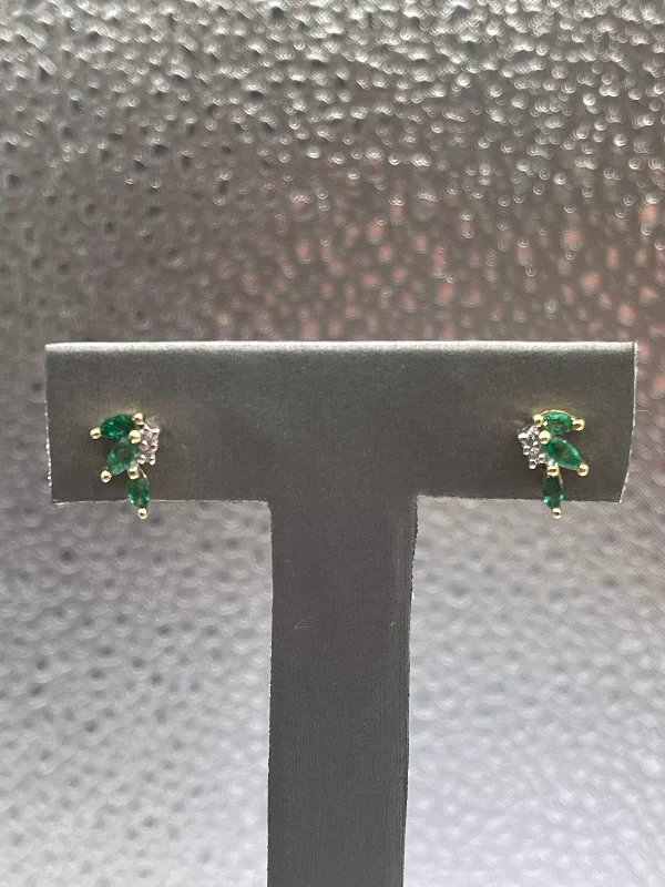 Dainty Stud Earrings-Ladies 14 Karat Solid Yellow Gold Emerald and Diamond Stud Earrings