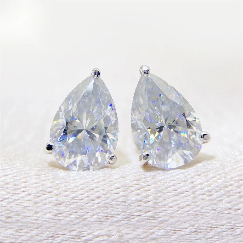 Large Silver Earrings-Moissanite Diamond Sterling Silver Pear Earrings in White/Yellow Gold