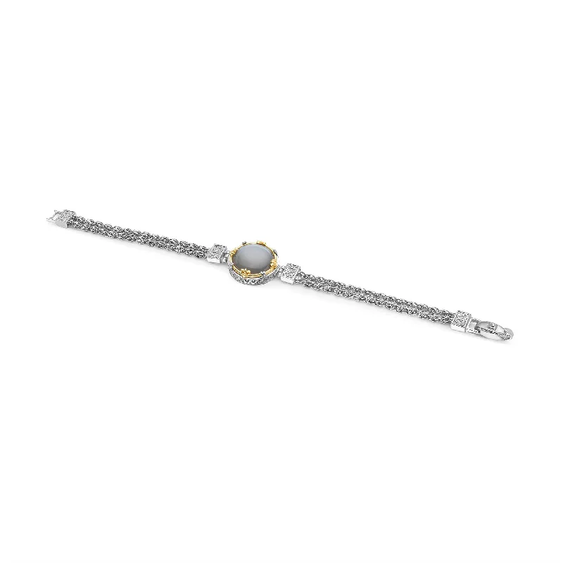 Luxury Leather Bracelet with Custom Details-Gray Moonstone Bracelet in Two-Tone Gold by Anatoli