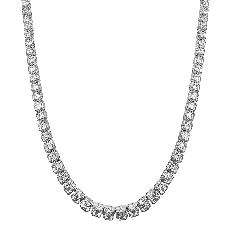 Large Diamond Necklace for Evening Events-Cushion-Cut Halo Link Tennis Chain (Silver)