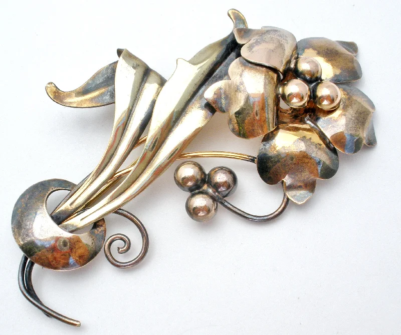 Brooch With Multi-Colored Stones-12k GF on Sterling Silver Flower Brooch Pin Vintage