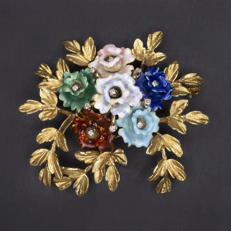 Brooch With Mixed Materials-VINTAGE DIAMOND ENAMEL FLOWER PIN 18gm 18k YELLOW GOLD ITALIAN BROOCH BOUQUET