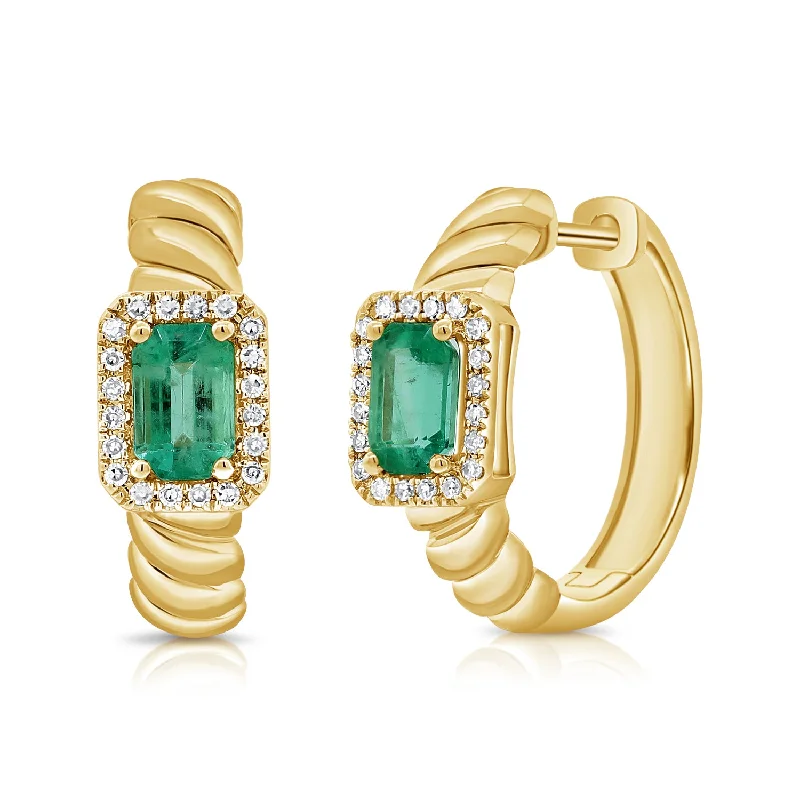 Artistic Silver Hoop Earrings-14K Emerald Huggie with Diamonds