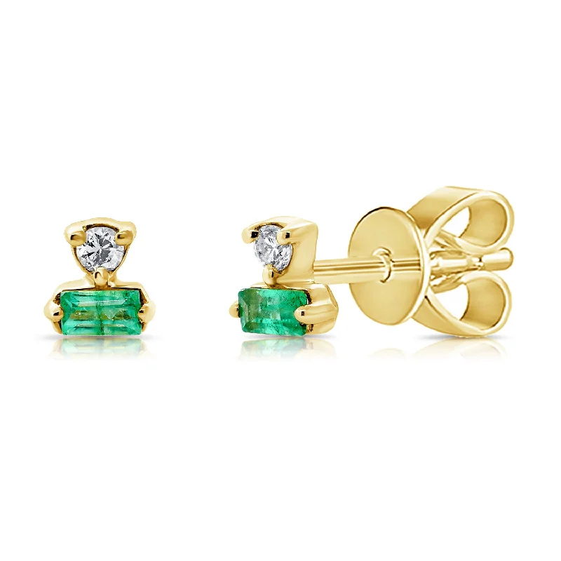 Gold and Silver Mixed Earrings-Multi Cut Diamond & Emerald Stud Earrings in 14Kt Gold