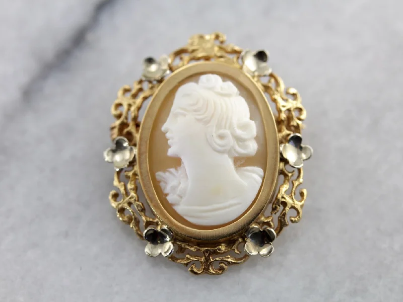 Elegant Brooch-Vintage Cameo Brooch with Lovely Floral Frame