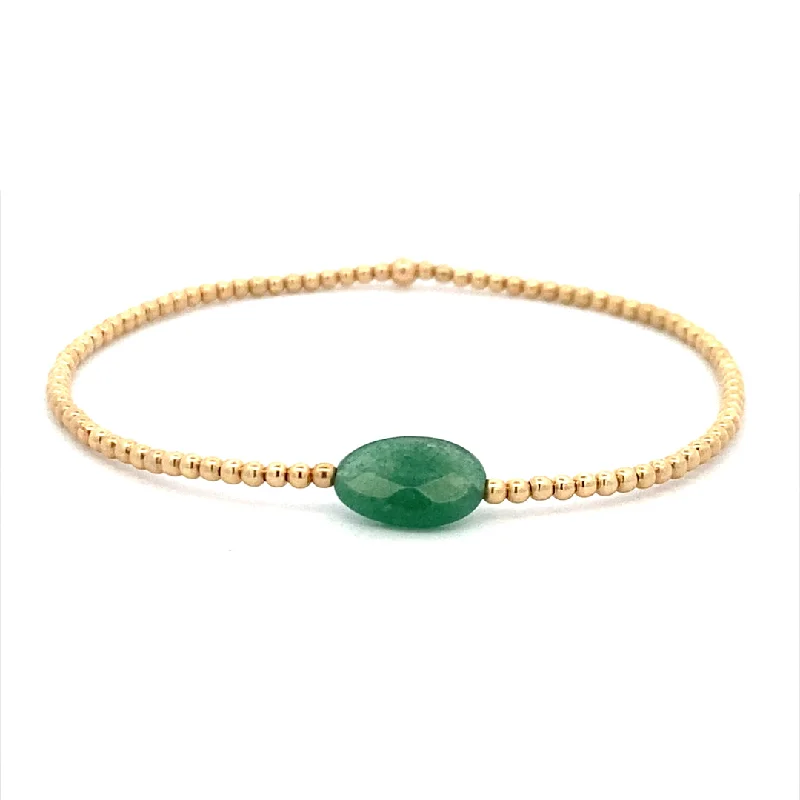 Classic Gold Bracelet with Engraved Date-2mm Aventurine Stretch Bracelet in Yellow Gold by Karen Lazar