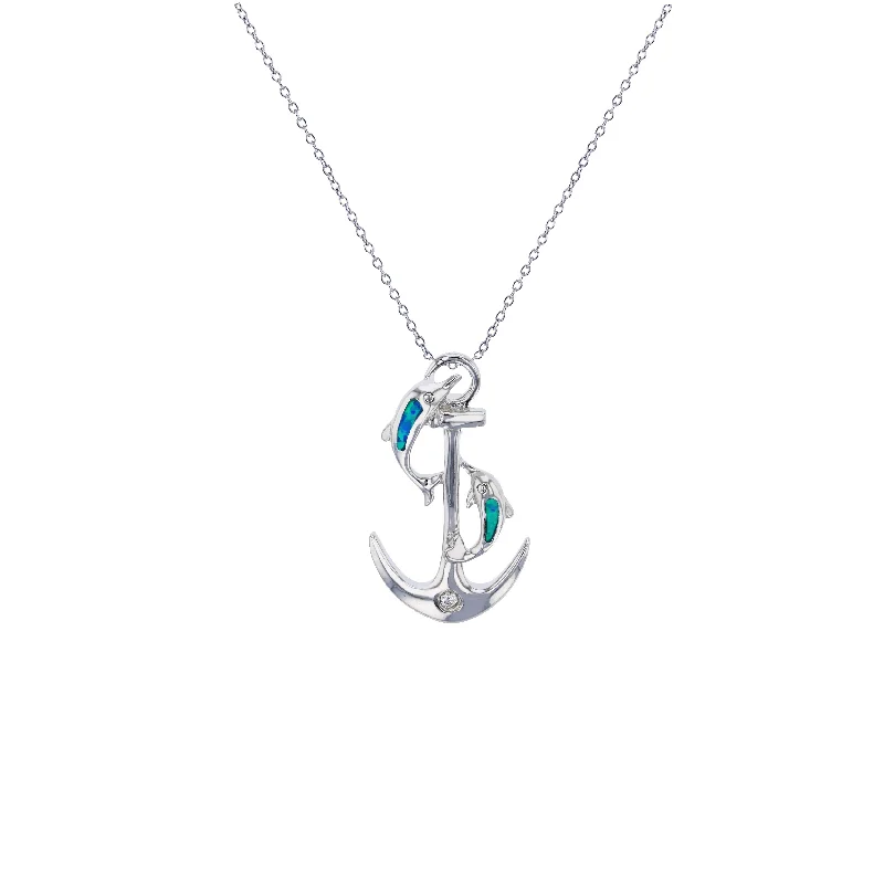 Sparkling Teardrop Necklace for Evening Out-Blue Opal Dolphin & Anchor Necklace (Silver)