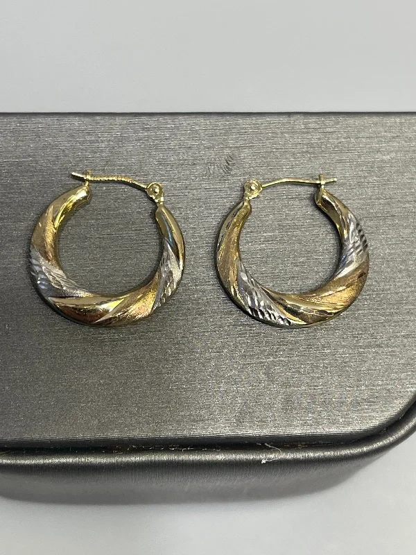 Lightweight Silver Earrings-14KT White & Yellow Gold Designed Pierced Hoops Two Tone Gold Earrings