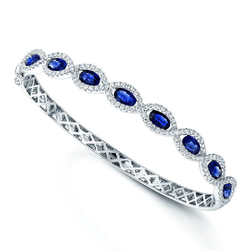 Personalized Gold Bangles for Mothers-18ct White Gold Oval Sapphire & Diamond Bangle