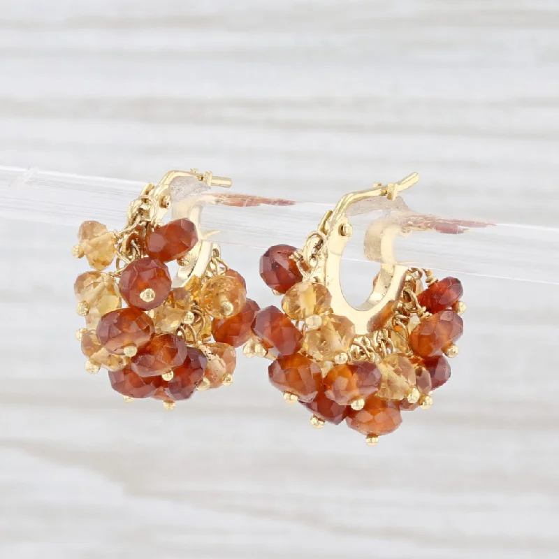 Big Dangle Earrings for Parties-Talisman Hessonite Garnet Citrine Bead Hoop Earrings 18k Yellow Gold Snap Top