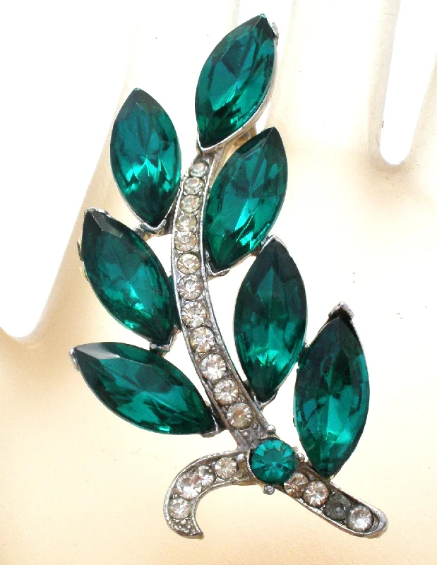 Classic Brooch-Weiss Green & Clear Rhinestone Leaf Brooch Pin