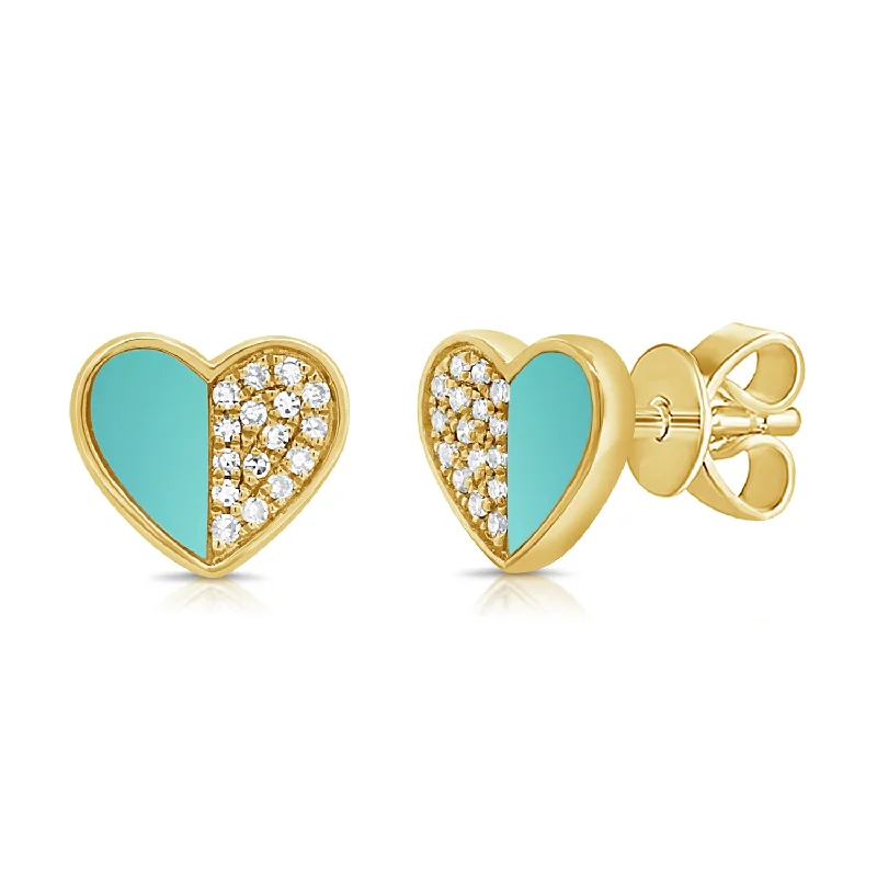 Gemstone Hoop Earrings-14K Gold Turquoise & Diamond Heart Stud Earrings