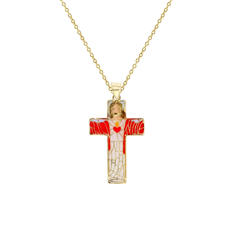 Sparkling Crystal Necklace for Evening Wear-Colorful-Enameled Mosaic Jesus Cross Fancy Necklace (14K)