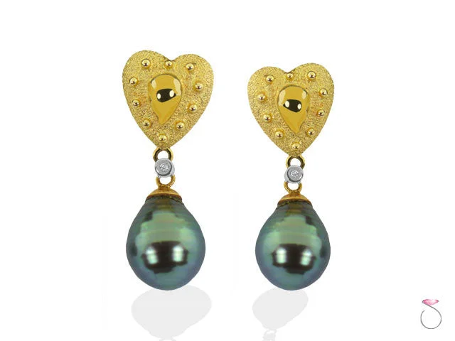 Swarovski Earrings for Bridesmaids-Black Tahitian Pearl Diamond Gold Heart Drop Earrings in 18K