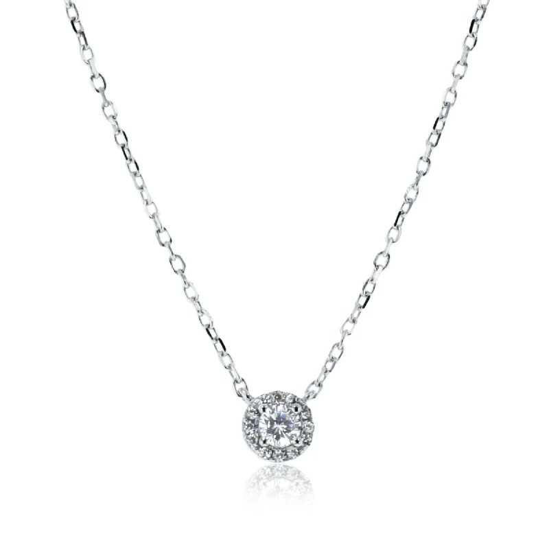 Simple Silver Necklace with Large Pendant-Round CZ Halo Fancy Necklace (Silver)