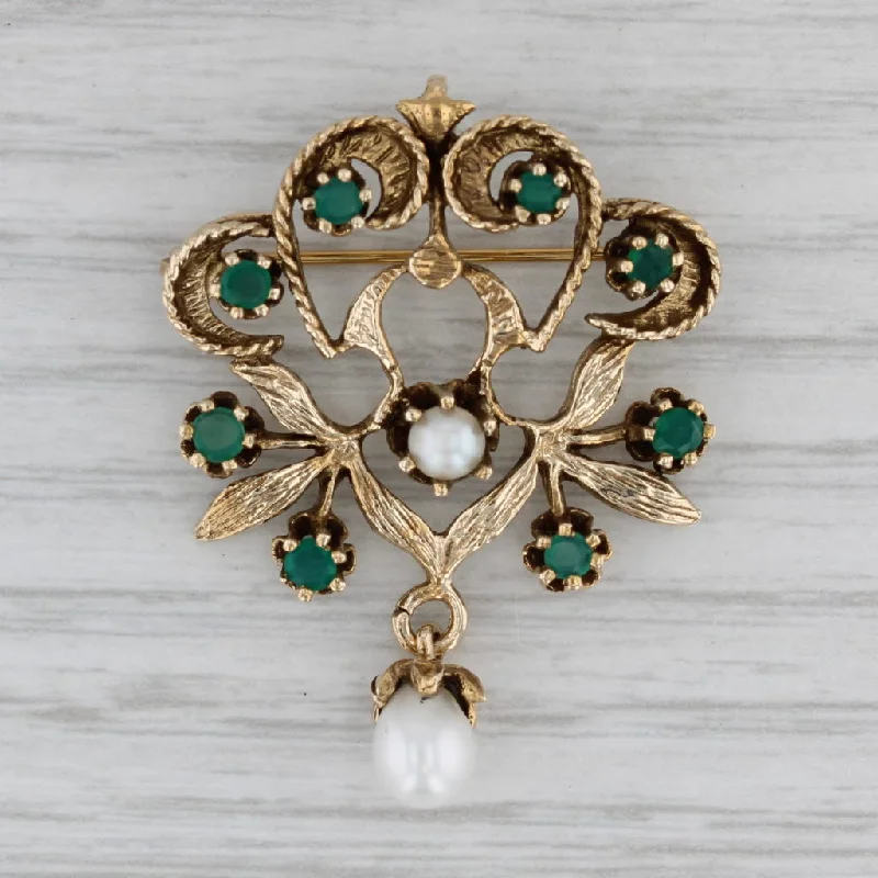 Crystal Brooch-Green Chalcedony Cultured Pearl Drop Brooch 14k Yellow Gold Vintage Floral Pin