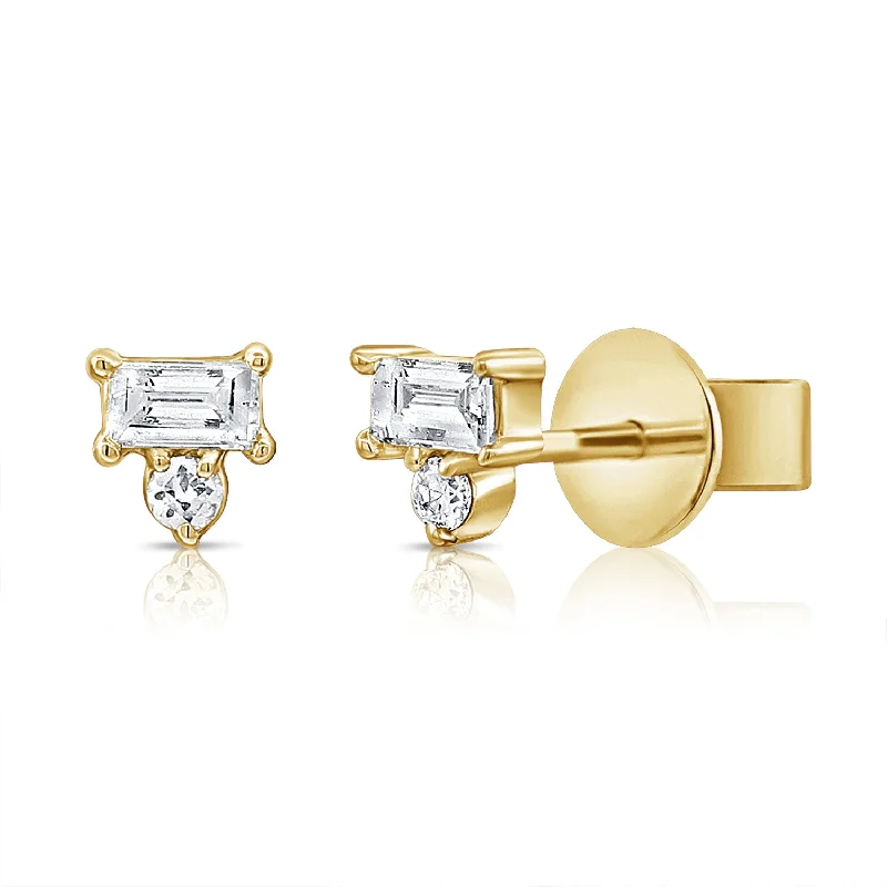 Fancy Silver Drop Earrings-Elegant Baguette & Round Diamond Stud Earrings in 14K Gold