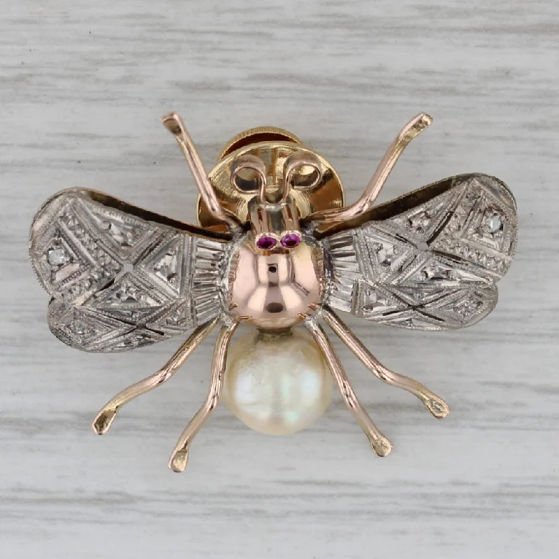 Crystal Encrusted Brooch-Vintage Flying Insect Bug Brooch 14k Gold Pearl Lab Created Ruby Pin