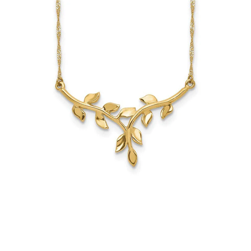 Simple Gold Necklace with Sapphire Pendant-Leafy Lariat Necklace (14K)