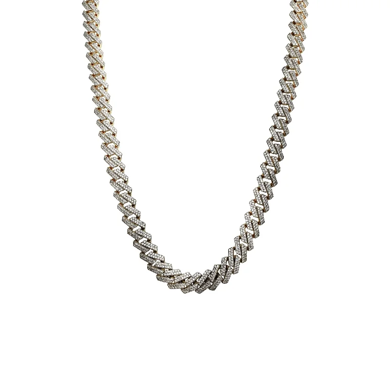 Long Silver Necklace with Small Charms-Iced-Out Monaco Rhomboid Link Chain (14K)