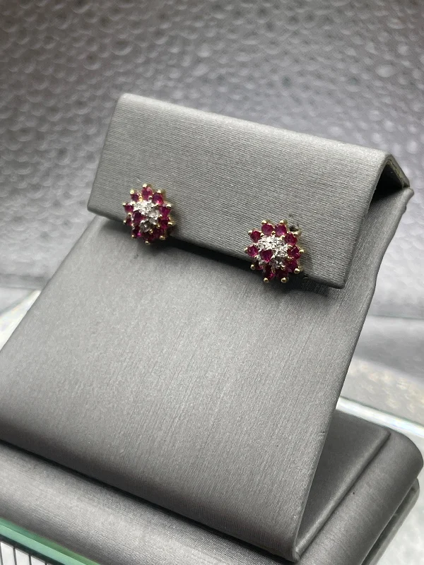 Wedding Day Earrings for Brides-Ladies 10 Karat Solid Yellow Gold Ruby and Diamond Stud Earrings