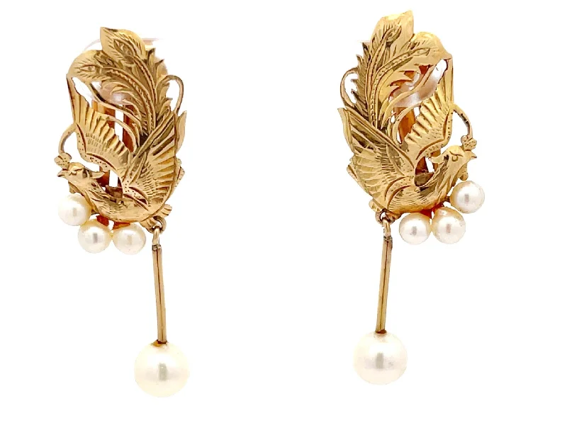 Chic Stud Earrings for Women-Mings Gold Carved Phoenix Clip On Earrings with Dangly Pearl in 14k