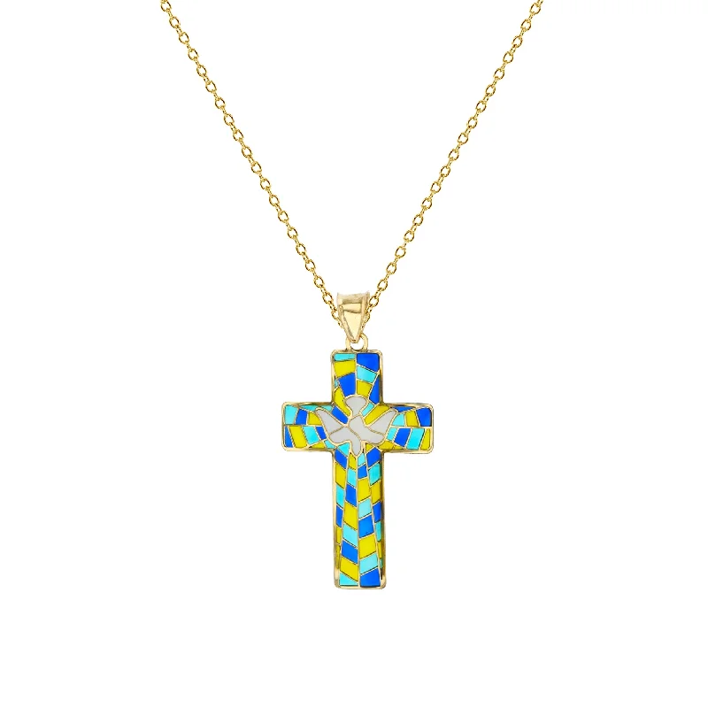 Fashionable Choker Necklace with Charms-Enameled-Mosaic Dove Cross Fancy Necklace (14K)