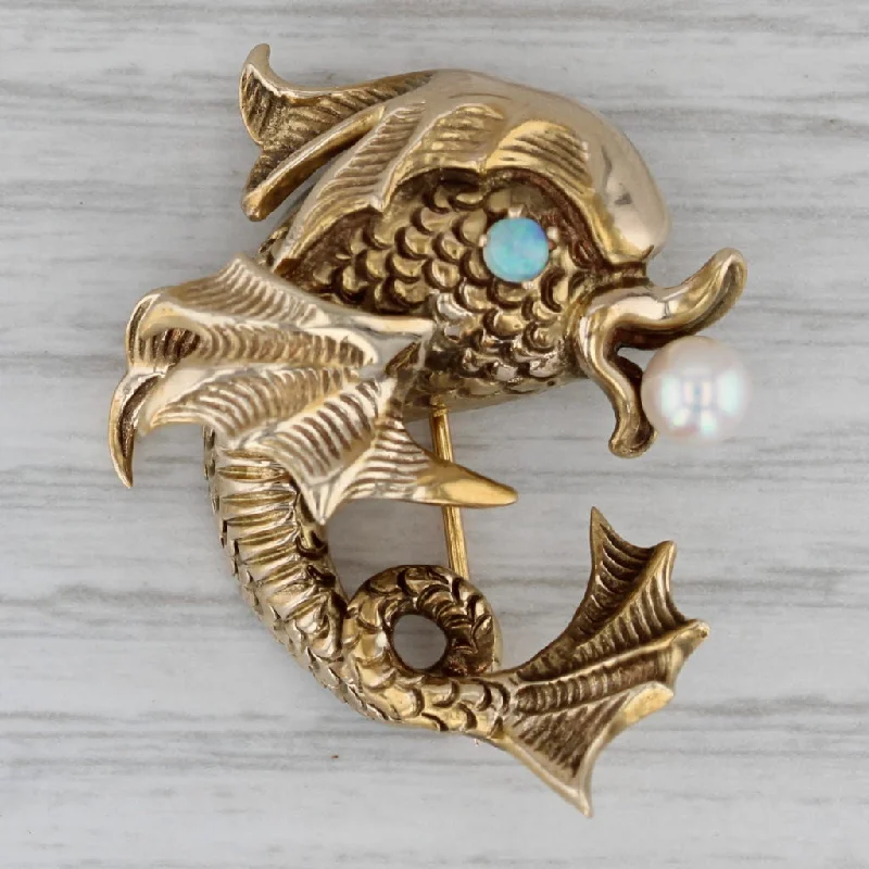 Brooch For Homecoming-Vintage Ornate Winged Flying Fish Opal Cultured Pearl Brooch 14k Gold Pin