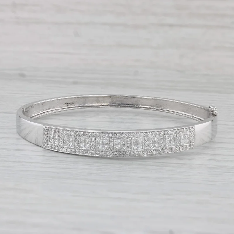 Elegant Crystal Bangles with Delicate Stones-1.40ctw Diamond Bangle Bracelet 14k White Gold 7" Hinged Snap Clasp