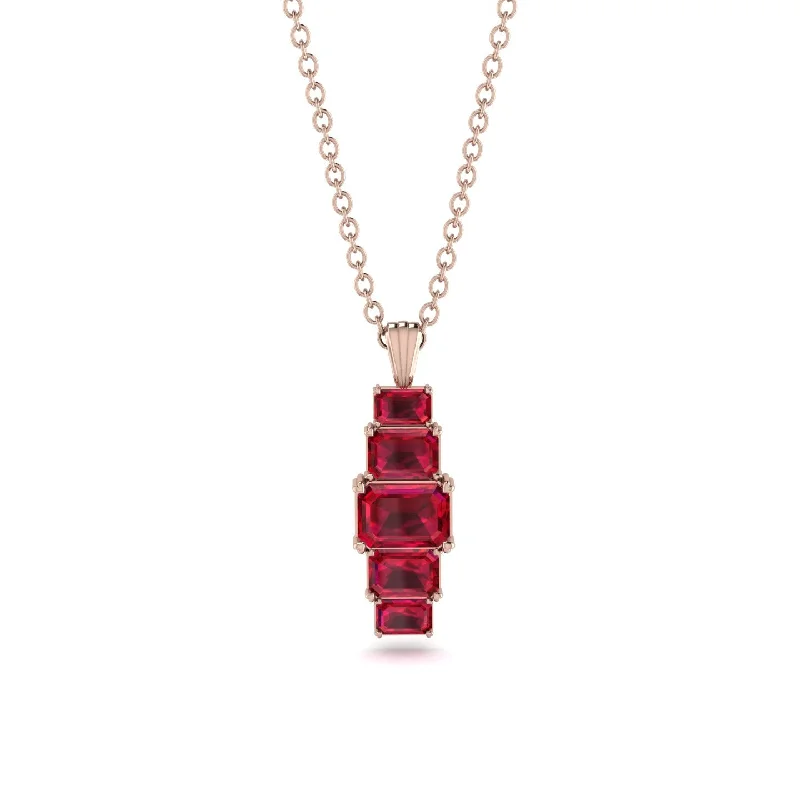 Personalized Heart Pendant Necklace for Brides-Emerald Cut Ruby Stairs Necklace - Briella No. 56