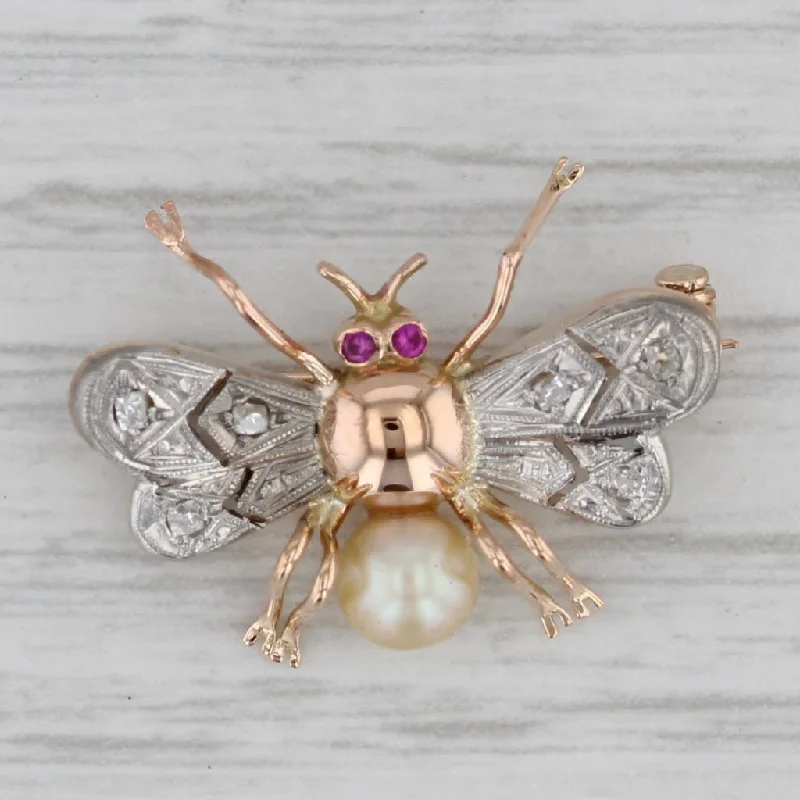 Brooch For Retro Fashion-Diamond Cultured Pearl Lab Created Ruby Winged Bug Pin 14k Gold Palladium Brooch